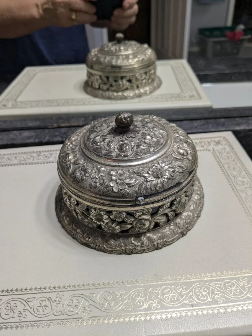 Antique Pewter Repousse Salt Cellar Box 5